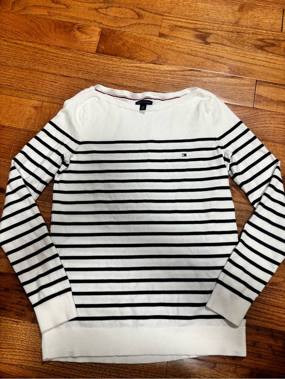 Tommy Hilfiger White and Black Striped Boatneck Long Sleeve Top